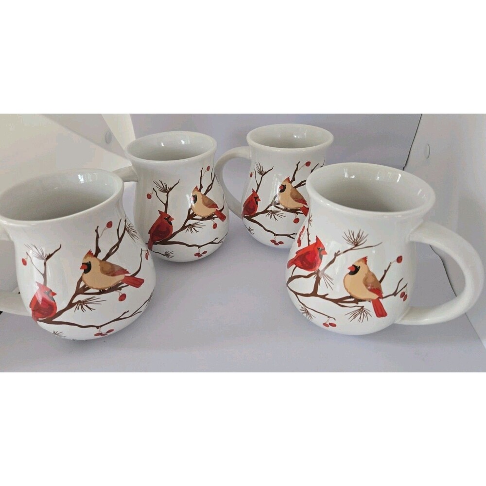 S/4 Winter & Holiday white ceramic mug painted cardinals 16 Oz mugs Temp-tations